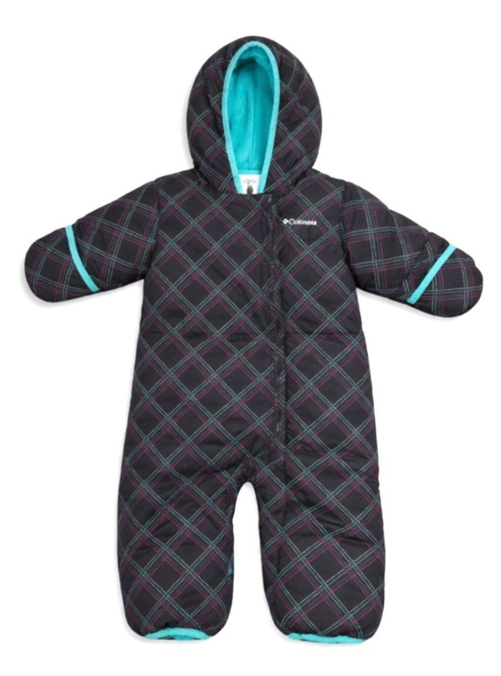 Columbia Infant Plaid Black & Teal Hooded Full Zip One Piece Snowsuit 18-24 Mons